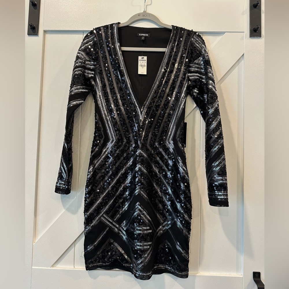 Express V-Neck Black and Silver Sequin Dress